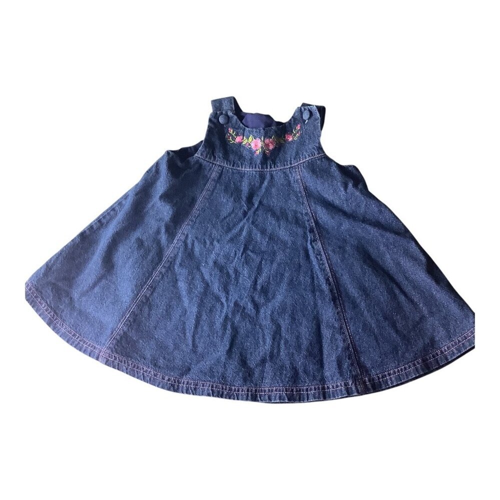 Vintage Y2K Blue Denim Jean Jumper Dress Embroidered Flowers 18M Sleeveless - Picture 4 of 6
